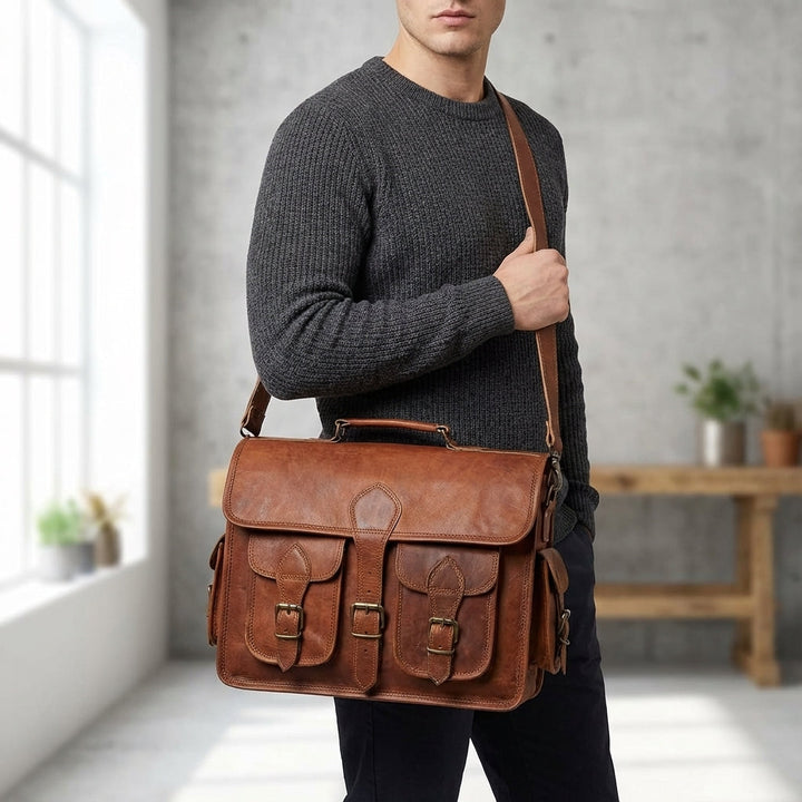 Heren vintage leren messenger tas van geitenleer, perfect voor laptop, camera en documenten. Ruim en stijlvol.