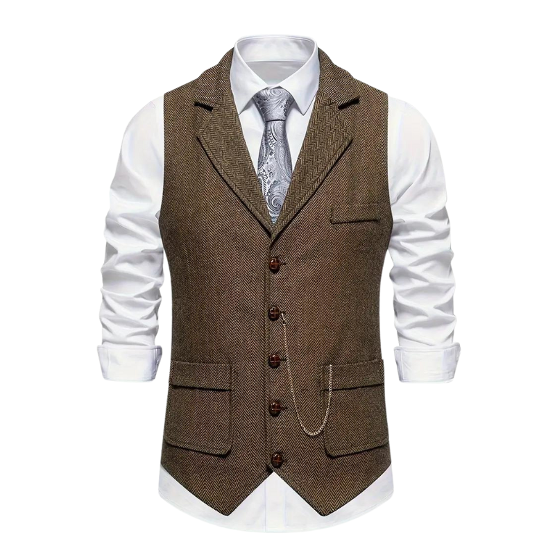 "Heren vintage vest in visgraat tweed, klassieke stijl met elegante revers, perfect voor elke gelegenheid, comfort en duurzaa