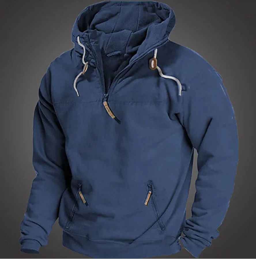 Comfortabele heren hoodie van warme stof met capuchon en handige ritszakken, perfect voor herfst en winter.