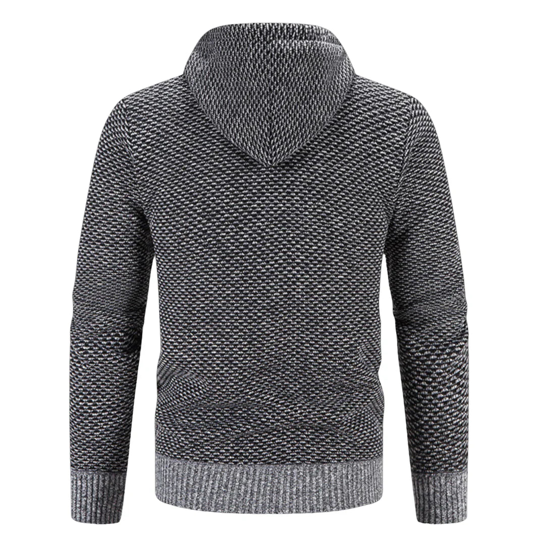 Detail van ritssluiting op warme heren hoodie met capuchon. Comfortabele voering.