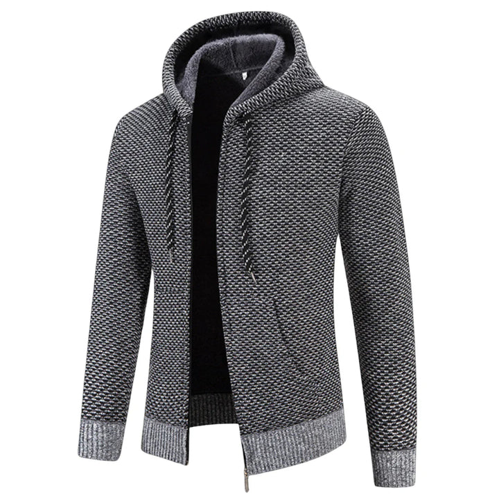 Man draagt comfortabele warme heren hoodie met ritssluiting. Casual vest met capuchon.