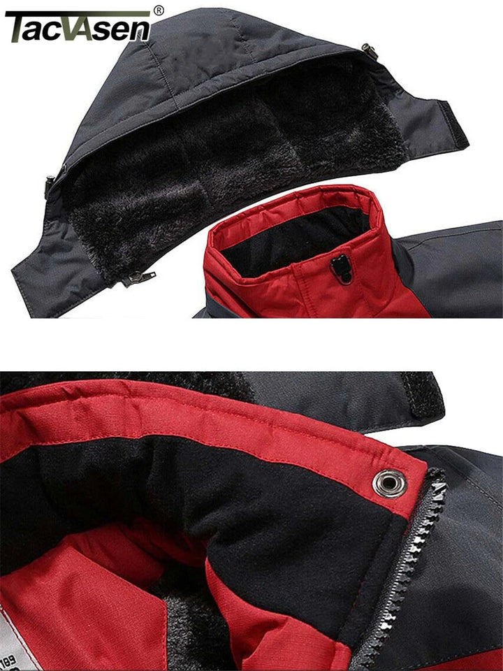 Detail van de afneembare capuchon op de waterdichte heren parka, essentieel voor een warme winterjas.