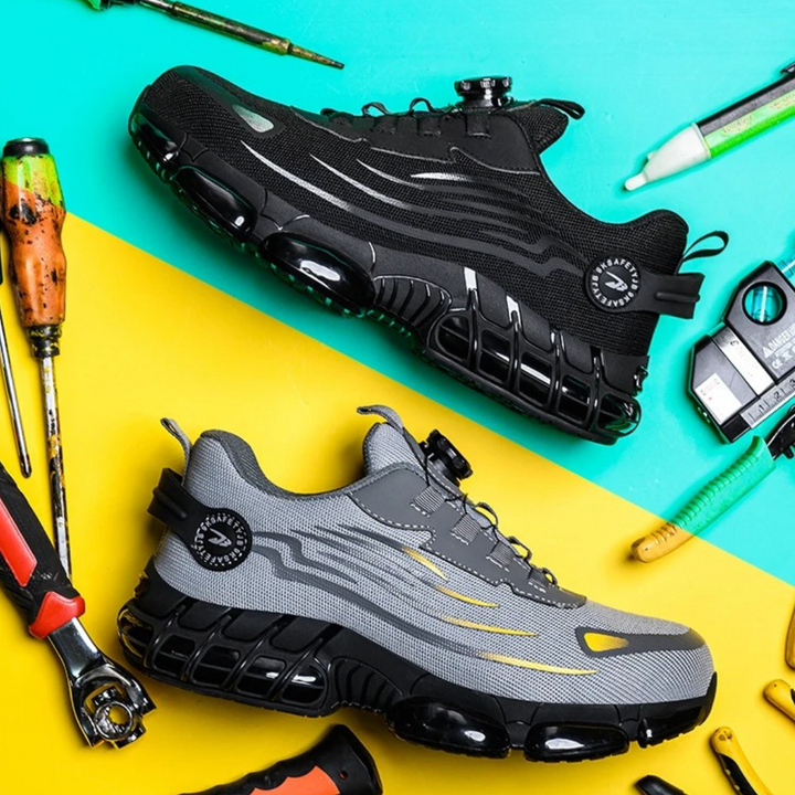Stevige grijs/zwarte heren werkschoenen, duurzaam, met antislipzool en snelle draaisluiting.