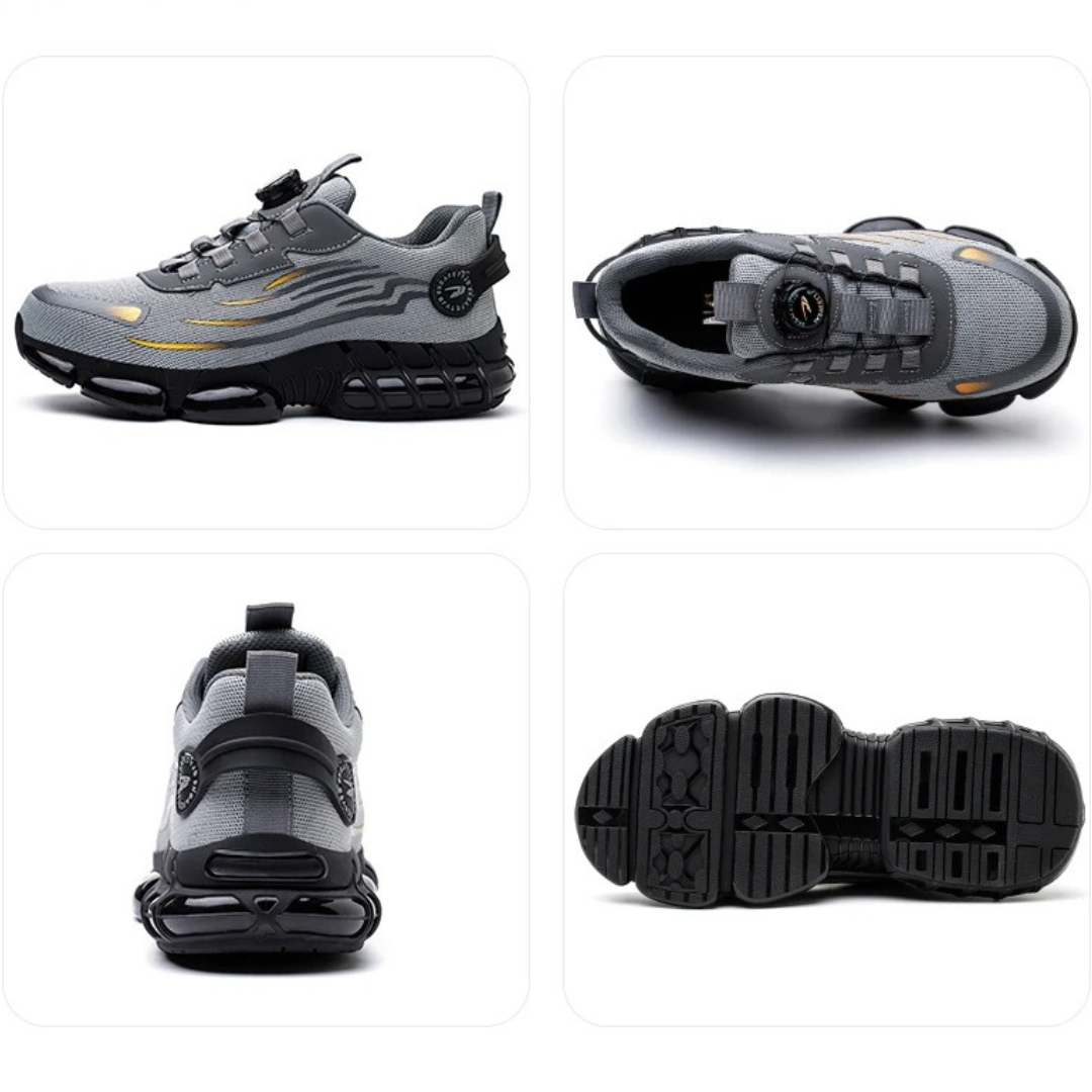 Moderne heren werkschoenen, grijs/zwart, met antislip en snelle draaisluiting, ideaal voor werkcomfort.