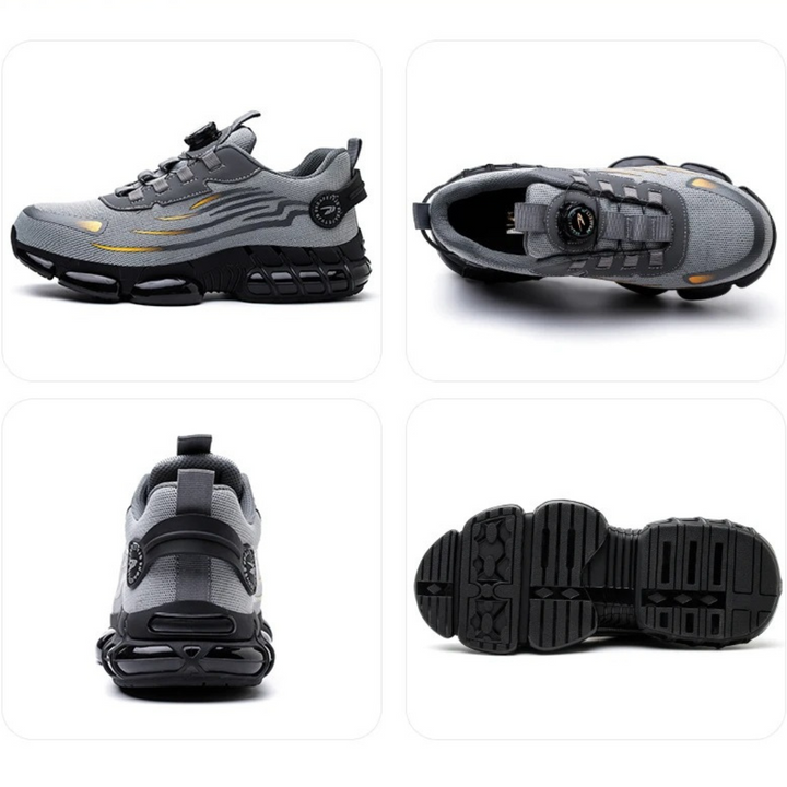 Moderne heren werkschoenen, grijs/zwart, met antislip en snelle draaisluiting, ideaal voor werkcomfort.