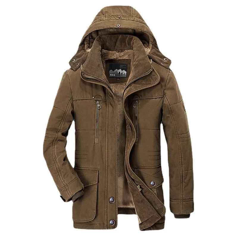 Heren winterjas met dubbele rits- en knoopsluiting. Warme, lange jas ideaal voor koude dagen.