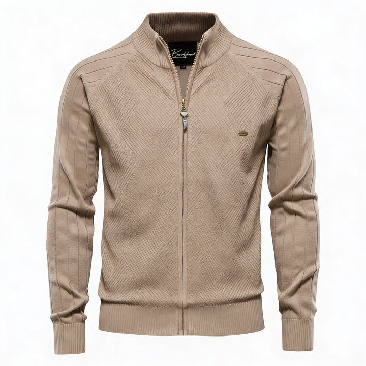 Heren zip-up cardigan met stijlvol ruitpatroon, staande kraag, ideaal voor smart casual mannenmode.