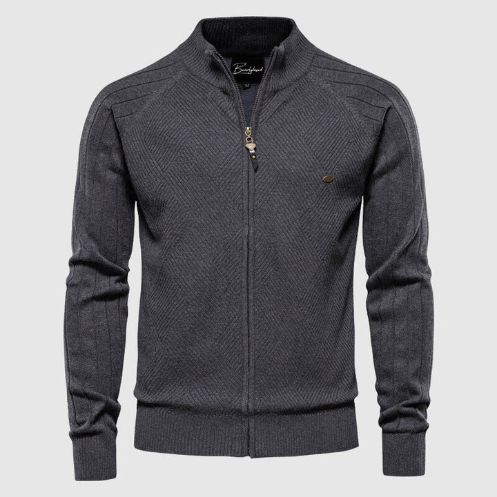 Zip-up heren cardigan met opstaande kraag en subtiel ruitpatroon, functioneel en elegant voor elke man.