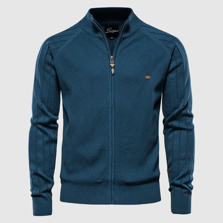Veelzijdige heren zip-up cardigan met ruitpatroon, rugzijde, ideaal als stijlvolle bovenkleding voor mannen.