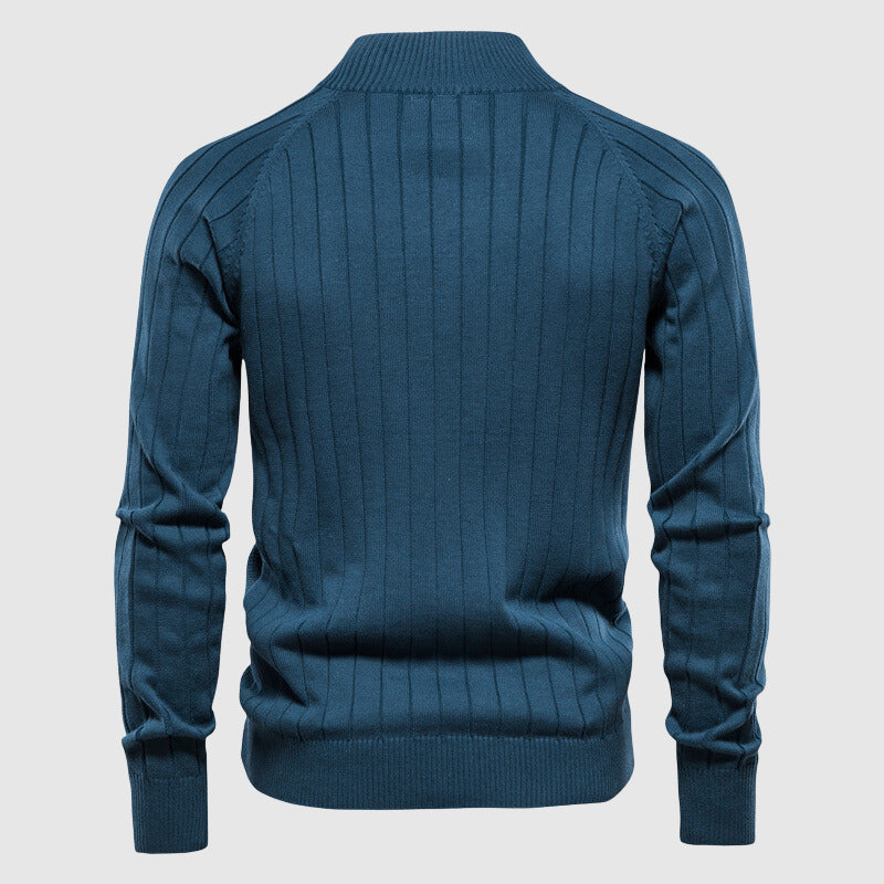 Netjes gevouwen heren zip-up cardigan met ruitpatroon, staande kraag, klaar voor smart casual mannenmode.