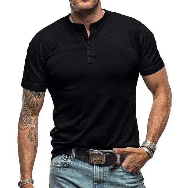 Heren zomer Henley T-shirt, korte mouwen, ademend; verkrijgbaar in zwart, beige, blauwgrijs en donkergrijs.