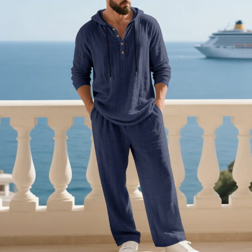 Stijlvolle heren zomerset 2-delig, een complete co-ord set voor comfortabele en casual zomerkleding met ontspannen pasvorm.