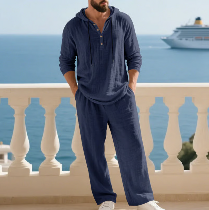 Stijlvolle heren zomerset 2-delig, een complete co-ord set voor comfortabele en casual zomerkleding met ontspannen pasvorm.
