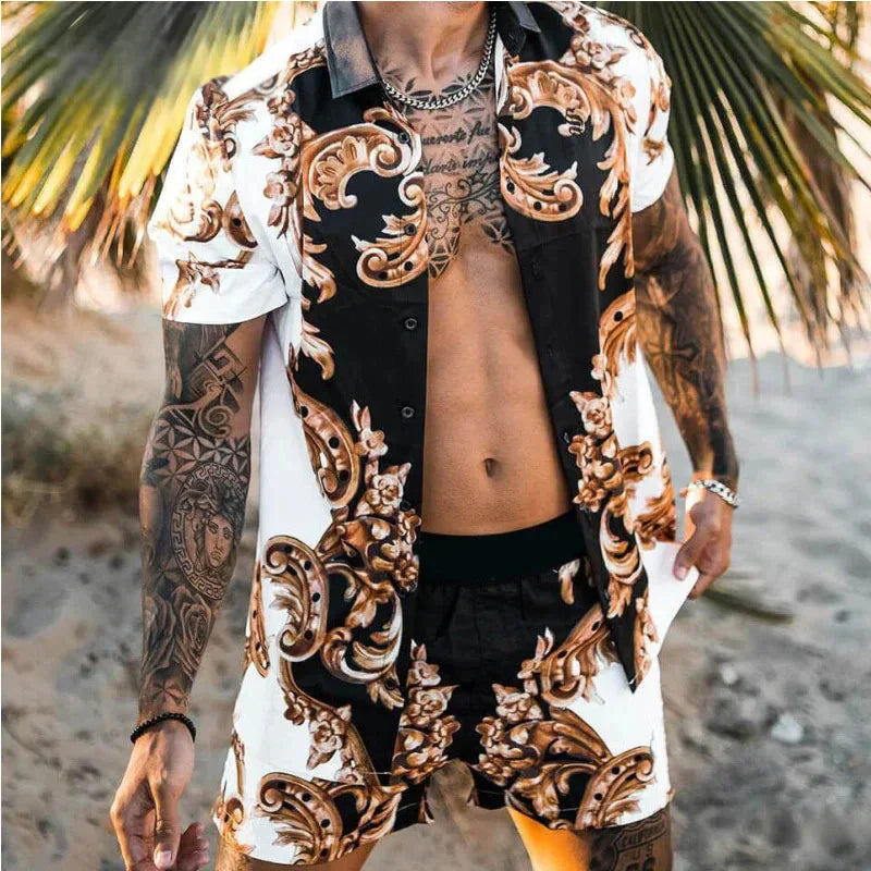 Heren zomerset met trendy print, korte mouw shirt en shorts. Comfortabele, casual strandoutfit.