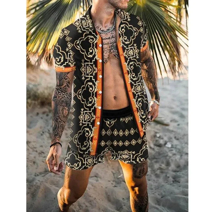 Casual heren zomerset met hippe print. Korte mouw shirt en shorts voor een relaxte zomerlook.