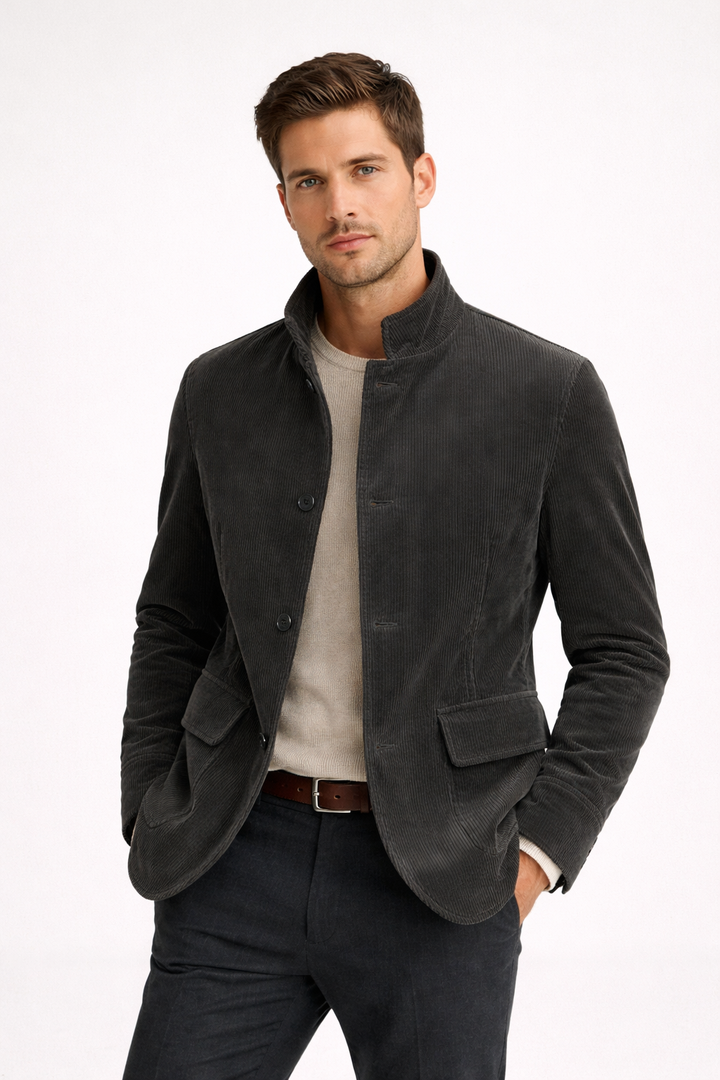 Herenblazer met stijlvolle Mao kraag en praktische klepzakken, perfect voor smart casual of zakelijke outfits.