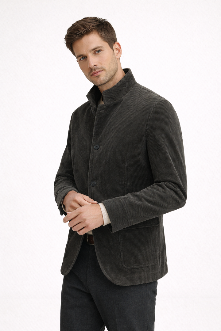 Elegant grijs heren colbert met moderne Mao kraag, ideaal voor een smart casual of formele look. Veelzijdig en stijlvol.