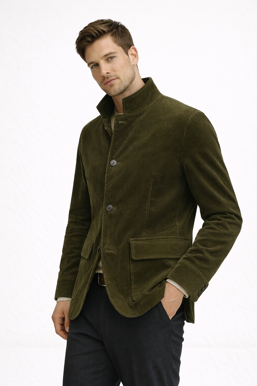 Comfortabele herenblazer in koffiekleur met Mao kraag en klepzakken, ideaal voor een stijlvolle en professionele uitstraling.