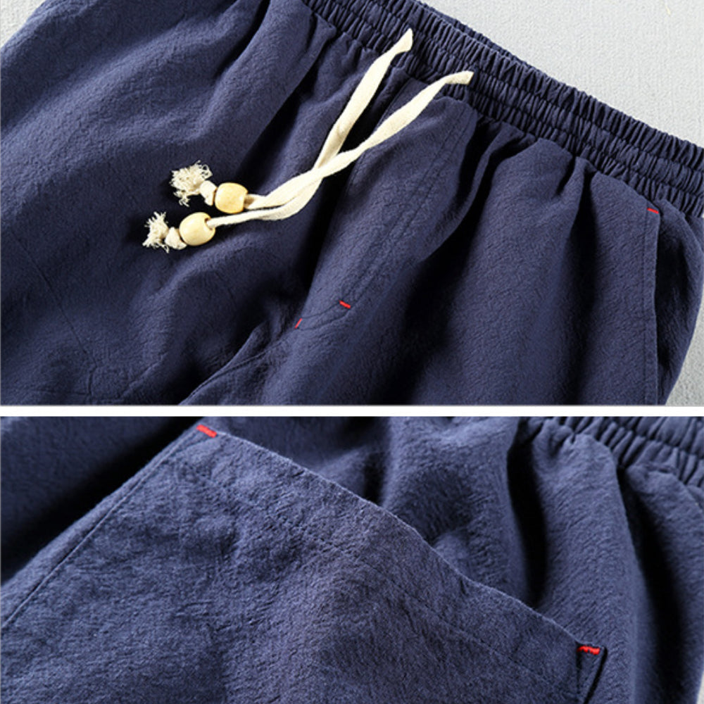 Herenbroek met comfortabele elastische taille en rechte pijp, ideaal voor vrije tijd en ontspannen momenten.