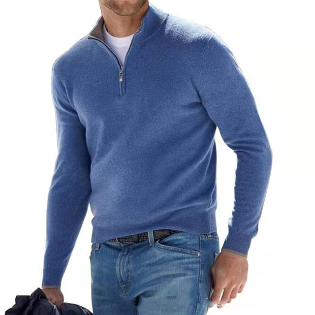 Herenpullover met V-hals en halve rits, stijlvol en comfortabel voor herfst en winter.