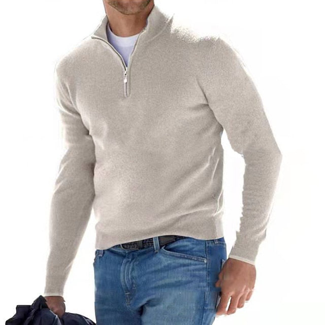 Veelzijdige heren trui met V-hals en halve rits. Geschikt voor casual en formele herenkleding.