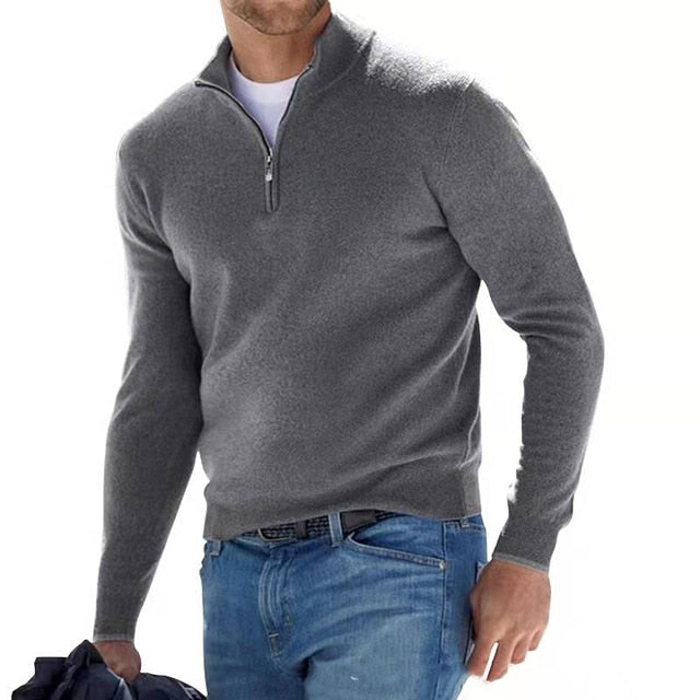 Stijlvolle herenpullover, V-hals en halve rits. Perfect voor een warme en nette look in de herfst.