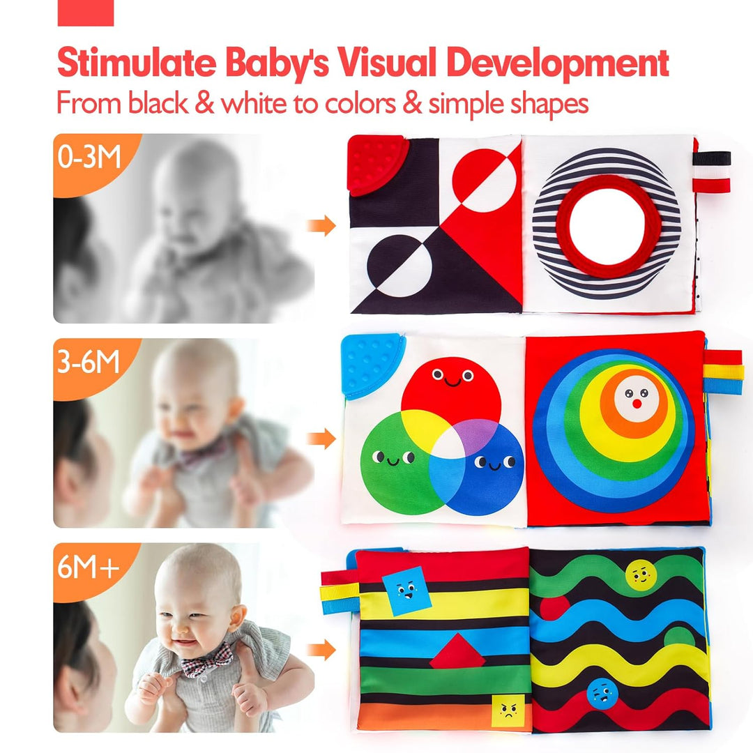 "Hoog contrast Montessori voelboek, zwart-witte patronen, zacht baby speelgoed, sensorische en motorische stimulatie"