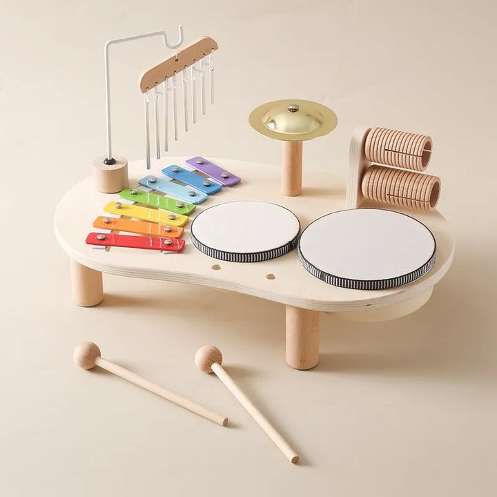 Houten muziekspeelset voor baby's met drum en gong, bevordert creativiteit en motorische vaardigheden, duurzame constructie.