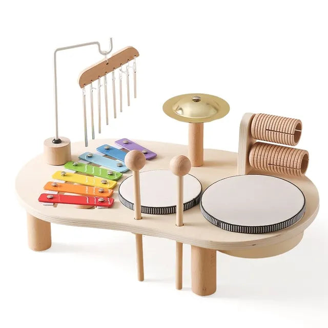 Houten muziekspeelset voor baby's met drum en gong, bevordert creativiteit en motorische vaardigheden, duurzame constructie.