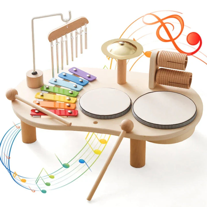 Houten muziekspeelset voor baby's met drum en gong, bevordert creativiteit en motorische vaardigheden, duurzame constructie.