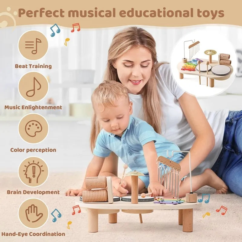 Houten muziekspeelset voor baby's met drum en gong, bevordert creativiteit en motorische vaardigheden, duurzame constructie.