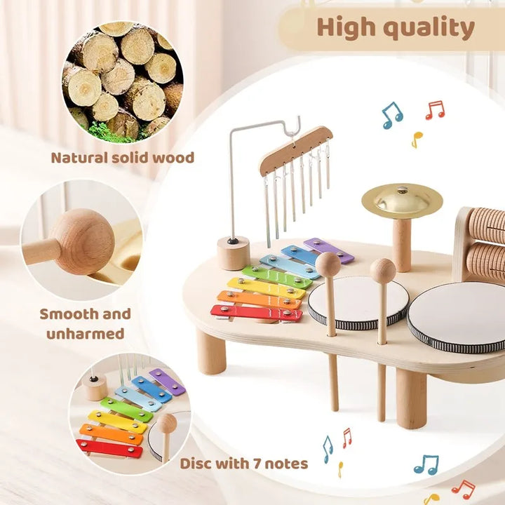 Houten muziekspeelset voor baby's met drum en gong, bevordert creativiteit en motorische vaardigheden, duurzame constructie.