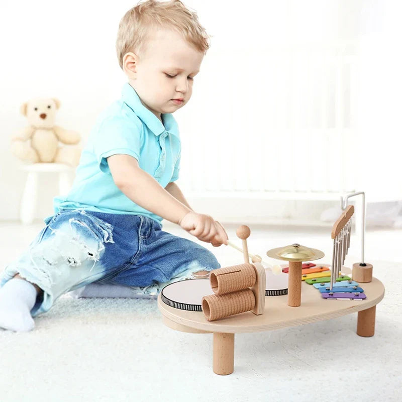 Houten muziekspeelset voor baby's met drum en gong, bevordert creativiteit en motorische vaardigheden, duurzame constructie.