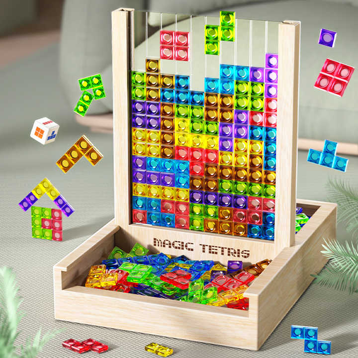 Houten Tetris bord puzzelspel. Duurzaam educatief speelgoed voor breintraining en logisch denken voor familie.