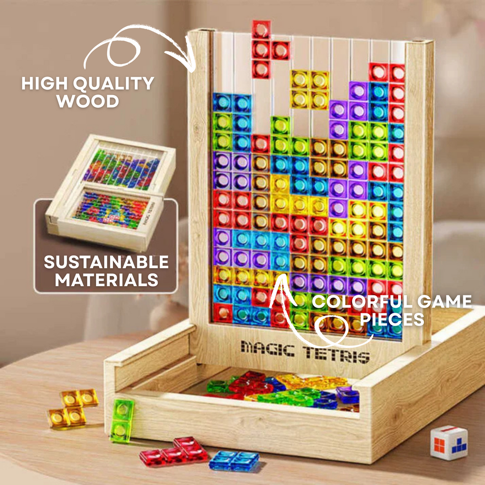 Kleurrijk houten Tetris puzzelspel, ideaal familiespel voor concentratie en logisch denken. Duurzaam kinderspeelgoed.