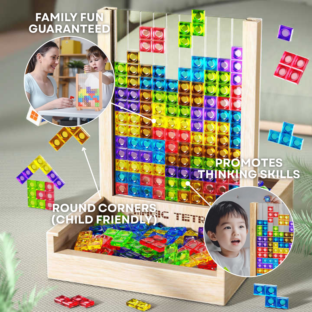 Educatief houten Tetris puzzel bordspel, stimuleert breintraining en concentratie bij kinderen en volwassenen.