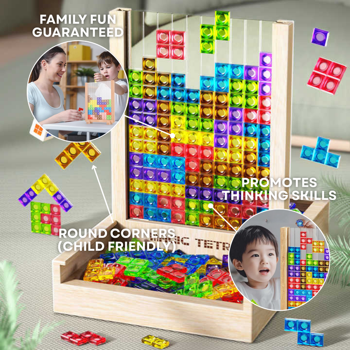 Educatief houten Tetris puzzel bordspel, stimuleert breintraining en concentratie bij kinderen en volwassenen.