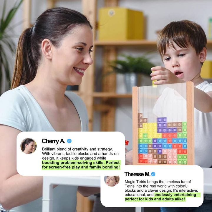 Gedetailleerd houten Tetris puzzelbord met kleurrijke blokken. Perfect voor concentratie en probleemoplossend vermogen.