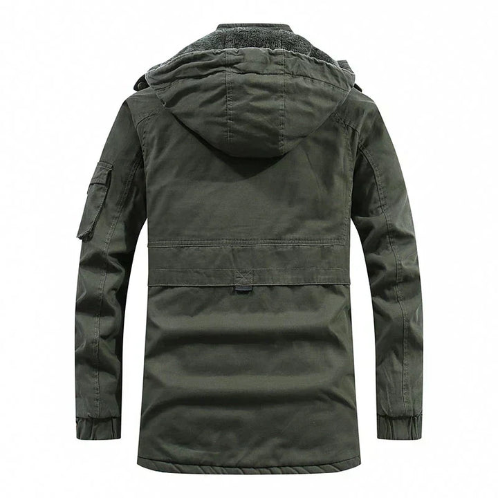 Hunter winterjas voor heren met fleece voering, robuuste buitenlaag en afneembare capuchon; stijlvol en warm in de kou.