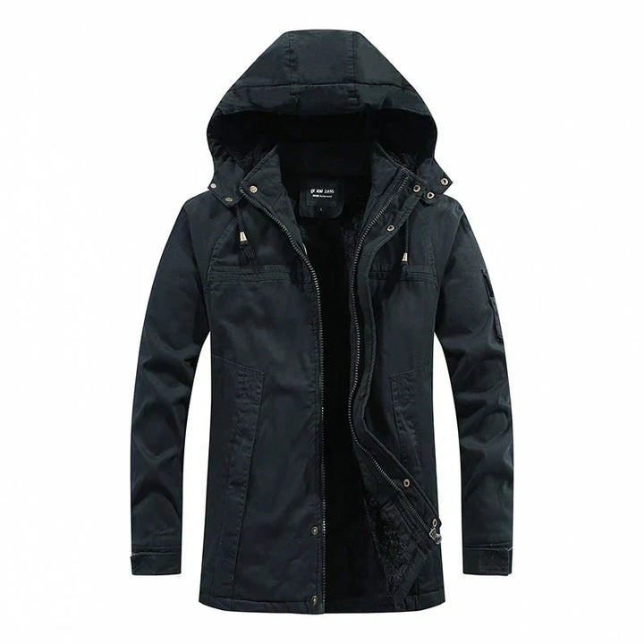 Hunter winterjas voor heren met fleece voering, robuuste buitenlaag en afneembare capuchon; stijlvol en warm in de kou.