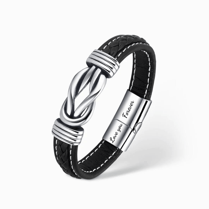 Infinity leren armband met gravure 'Love you Forever', zwart leer, roestvrij staal, cadeau voor kleinzoon, stijlvol design.