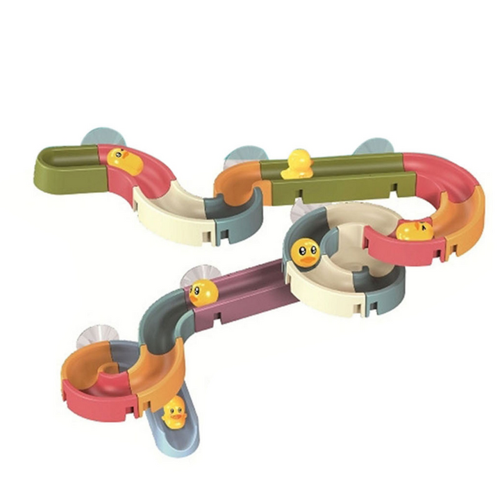 Interactief badspeelgoed met kleurrijke eendjes op een glijbaan, ideaal voor kinderen. Zorgt voor speelplezier tijdens het ba