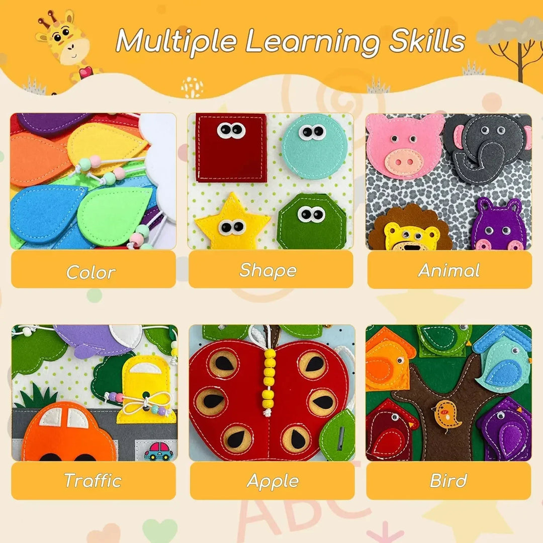 Interactief viltboek voor peuters met diverse texturen en dieren, stimuleert zintuigen en motoriek, ideaal voor thuis en op reis.