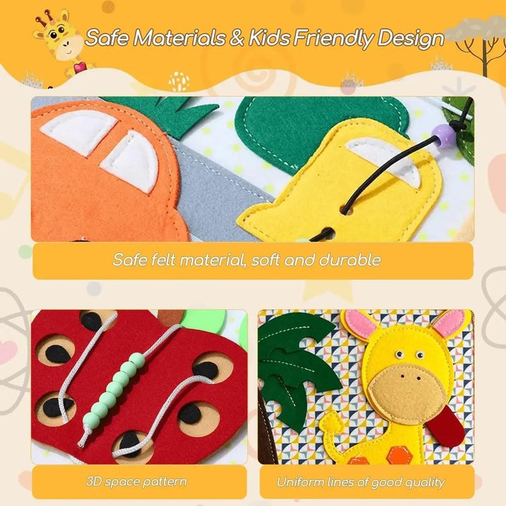 Interactief viltboek voor peuters met diverse texturen en dieren, stimuleert zintuigen en motoriek, ideaal voor thuis en op reis.