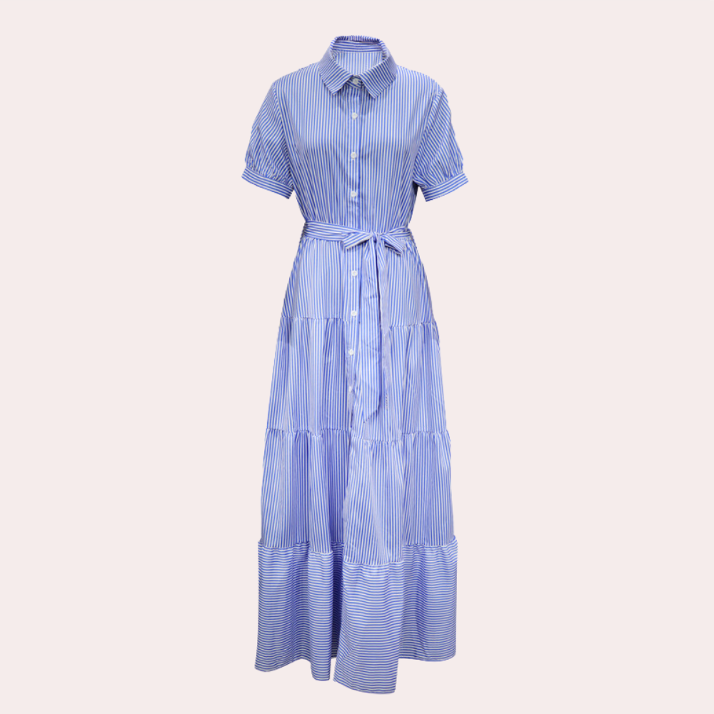 Irina gestreepte maxi-jurk voor dames met ceintuur in blauw en groen, met een zomerse en elegante uitstraling.