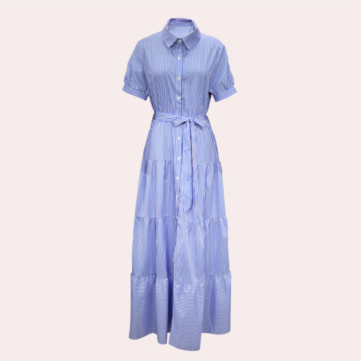 Irina gestreepte maxi-jurk voor dames met ceintuur in blauw en groen, met een zomerse en elegante uitstraling.