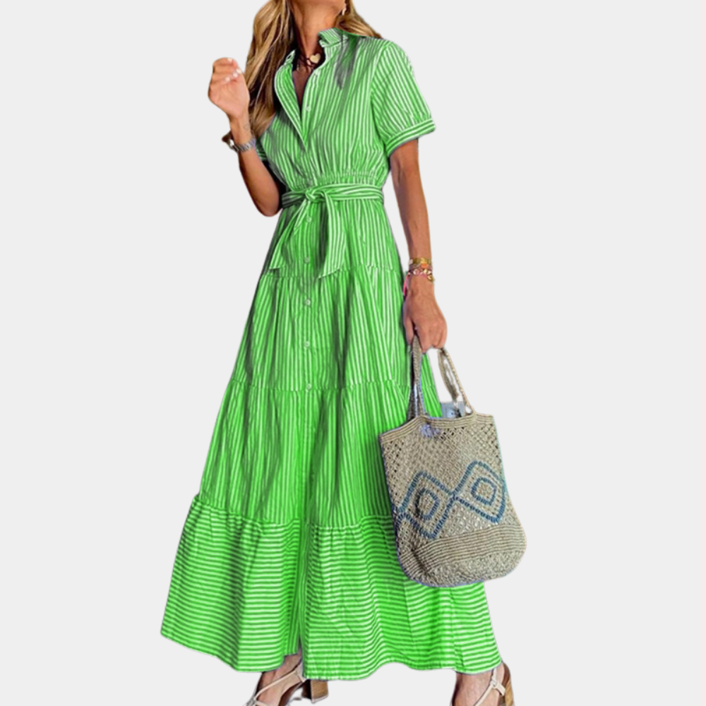 Irina gestreepte maxi-jurk voor dames met ceintuur in blauw en groen, met een zomerse en elegante uitstraling.