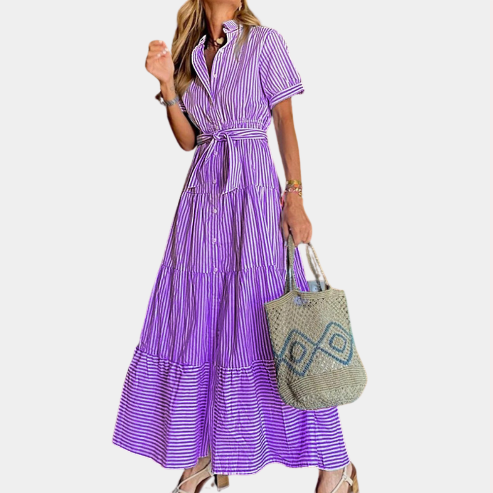 Irina gestreepte maxi-jurk voor dames met ceintuur in blauw en groen, met een zomerse en elegante uitstraling.