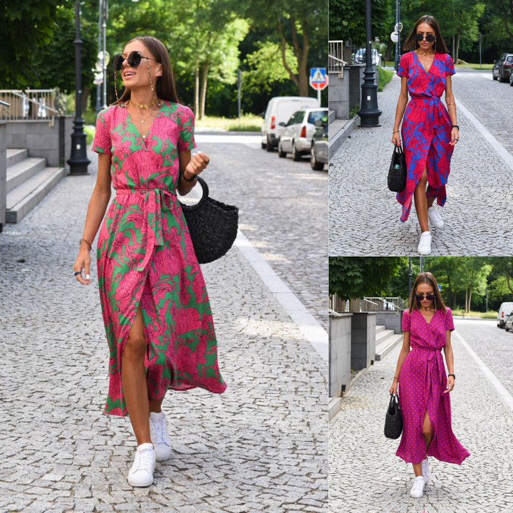 "Jade maxi jurk met levendige bloemenprint, V-hals en hoge split; ideale zomerse damesjurk voor strand of feest."
