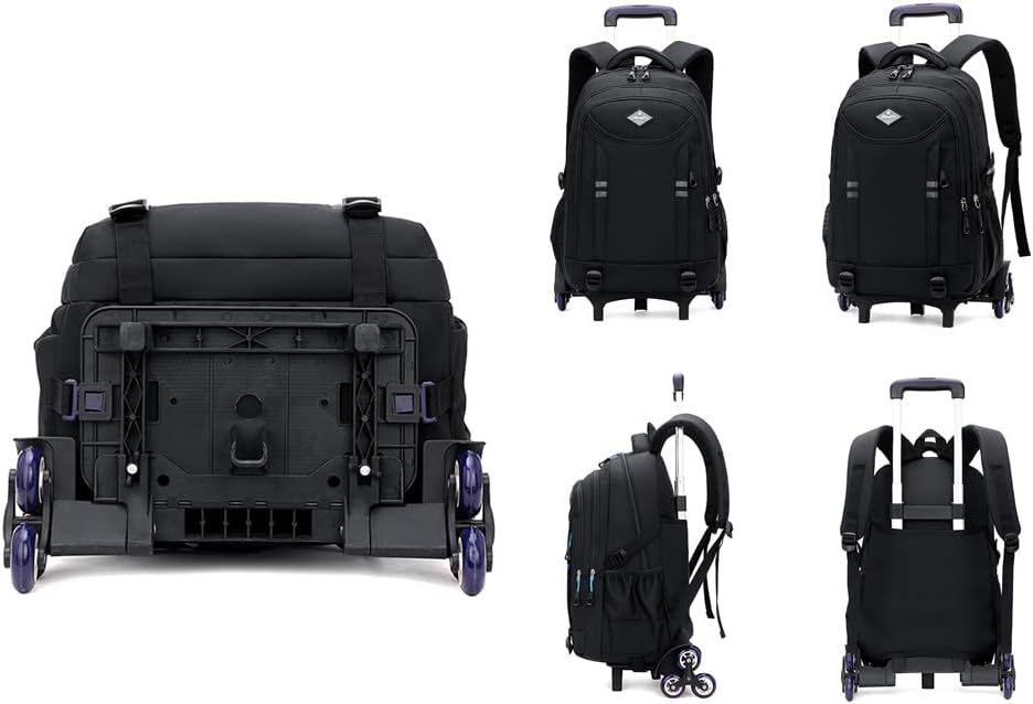 Gedetailleerde foto van de multi-pocket jongens schooltas met zeswielige trolleyfunctie. Ideaal voor school.